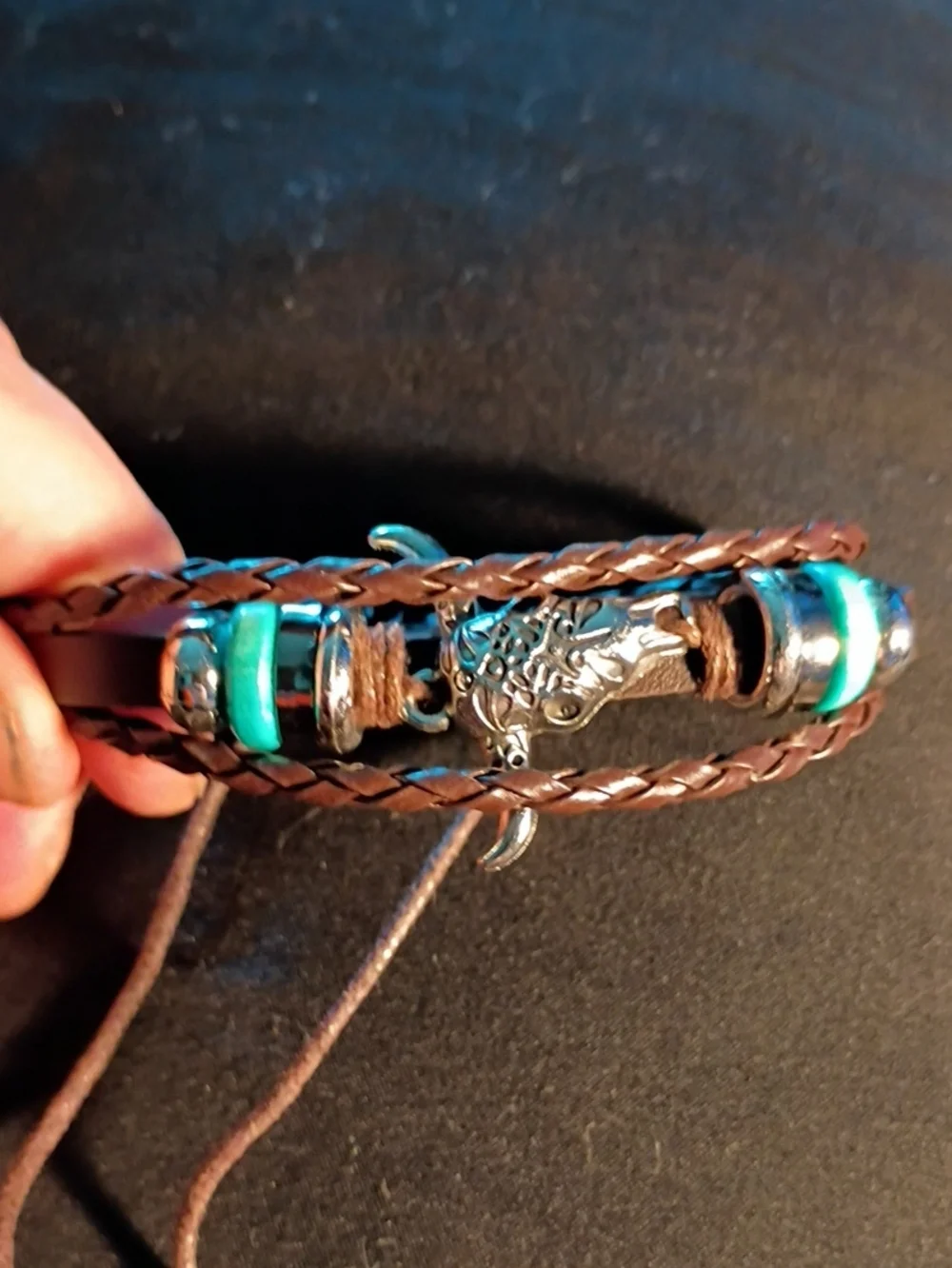 Brown Braided Leather Bracelet with Turquoise Beads